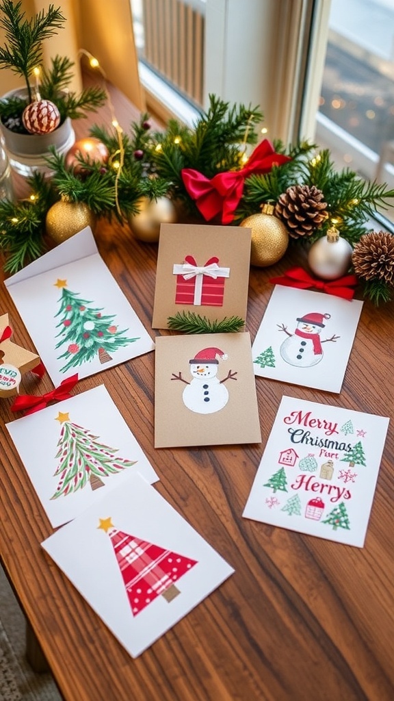 A variety of handmade Christmas cards with different designs on a rustic wooden table.
